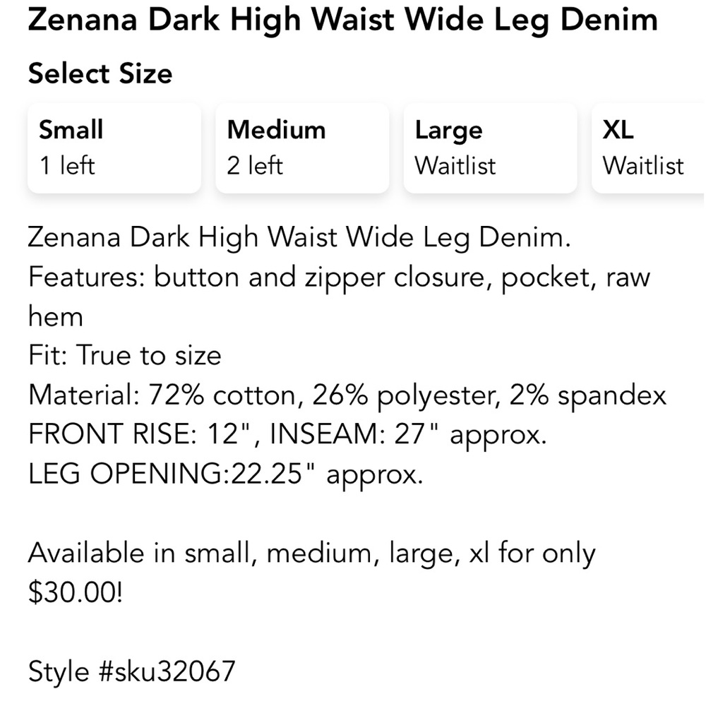 Zenana wide leg cropped jeans. Size small - Picture 5 of 5